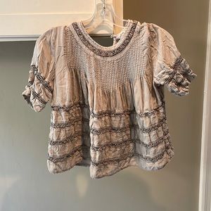 Aritzia Wilfred Light Gray, Airy, Cropped,  Boho Shirt with Crochet Lace Panels